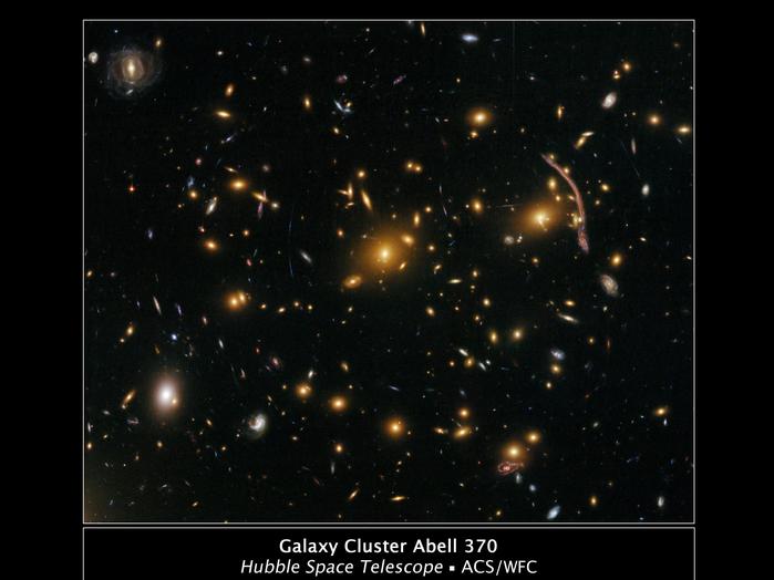 Der Sternhaufen Abell 370 ist fünf Milliarden Lichtjahre von der Erde entfernt. Bei diesem Cluster haben Forscher erstmals den so genannten Gravitationslinseneffekt festgestellt. Das bedeutet, dass die enorme Schwerkraft des Sternenhaufens das Licht weit dahinter liegender Galaxien verzerrt. Diesen Effekt erkennt man auf dem Bild an Lichtbögen und -schlieren. 