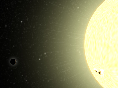 CoRoT-7b, punktförmiger Schatten unten links vor seinem Zentralstern (künstlerische Darstellung). Aufgrund der großen Nähe zu seiner Sonne vermuten Forscher Temperaturen von über 1000 Grad Celsius auf dem extrasolaren Planeten.
