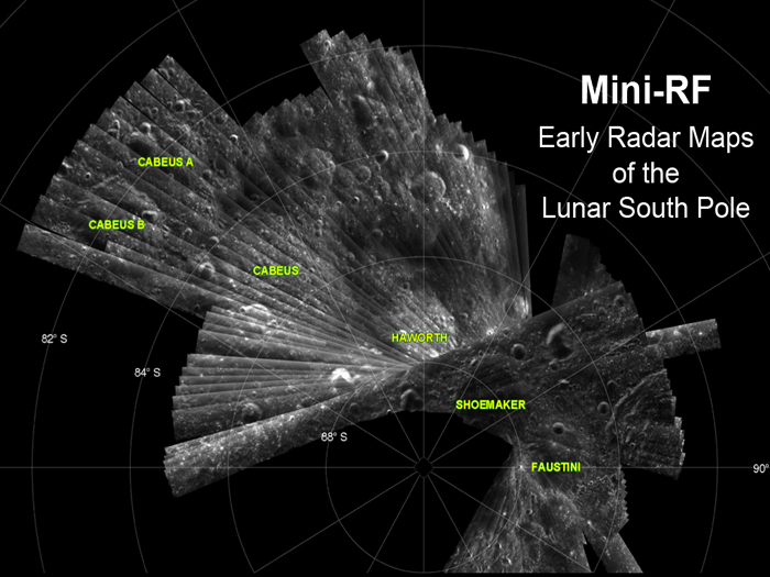 This Mini-RF image shows radar imagery of the lunar south pole. 