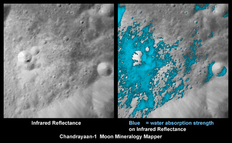 These images show a very young lunar crater on the far side of the moon, as viewed by NASA's Moon Mineralogy Mapper on the Indian Space Research Organization's Chandrayaan-1 spacecraft. On the left is an image showing brightness at shorter infrared wavelengths. On the right, the distribution of water-rich minerals (light blue) is shown around a small crater. Both water- and hydroxyl-rich materials were found to be associated with material ejected from the crater.