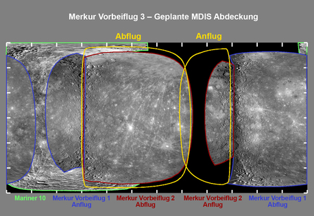 Das Bild zeigt eine Projektion der gesamten Oberfläche des Merkur in einer rechteckigen Karte, bei der die beiden Pole nicht punktförmig, sondern als Linien am oberen und unteren Bildrand dargestellt sind. 