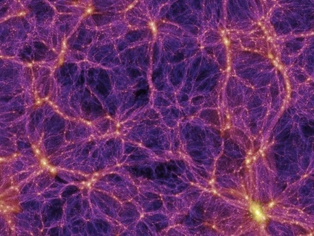 Bei der Millennium-Simulation berechneten Forscher im Jahr 2005 verschiedene Szenarien, wie sich das Universum nach dem Urknall entwickelt hätte, wenn es zum größten Teil aus Dunkler Materie bestände. Es bildeten sich stets Filamente aus Dunkler Materie (violett), entlang deren Schwerkraft sich dann auch die sichtbare Materie orientierte (gelb).