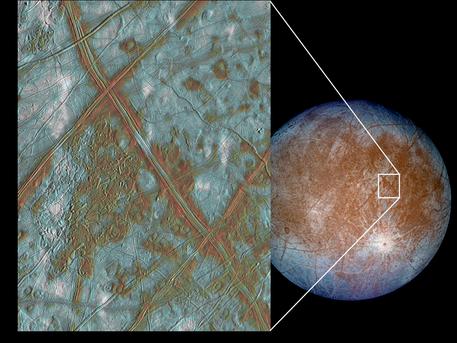 Dieses Bild zeigt einen Ausschnitt aus der Kruste Europas. Diese Aufnahmen zusammen mit den heutigen Erkenntnissen des Magnetfeldes von Europa lassen die Forscher vermuten, dass der Mond auch heute noch einen unterirdischen Ozean besitzt. In dieser Falschfarbenaufnahme repräsentieren die braunen Gebiete, Bereiche ohne Eis, die geologisch umgeformt wurden. Weiße Bereiche sind Stellen, an denen Auswurfmaterial aus dem 25 Kilometer großen Impakt-Krater Pwyll abgelagert wurde.  Diese Bilder wurden von der Raumsonde Galileo in den Jahren 1996/ 1997 gemacht, als sie in nur 677.000 Kilometern an Europa vorbeiflog.