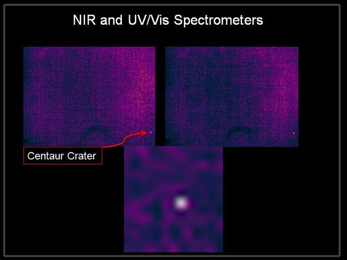 LCROSS impact crater as viewed with near-infrared (NIR) and ultra violet/visible (UV/Vis) spectrometers.