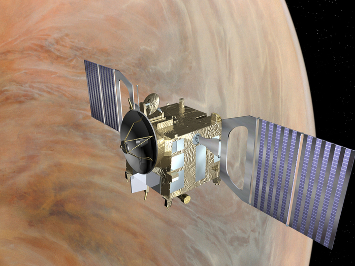 Das Bild zeigt eine künstlerische Darstellung der Venus Express-Sonde vor der Venus. Die Europäische Weltraumorganisation ESA verlängerte die Planetenmission Venus Express bis Ende des Jahres 2012. Venus Express startete am 9. November 2005 vom russischen Weltraumbahnhof Baikonur in Kasachstan an Bord einer Sojus-Trägerrakete. Nach fünf Monaten schwenkte die Raumsonde am 11. April 2006 in einen Orbit um unseren Nachbarplaneten ein und umkreist seitdem die Venus. An Bord befinden sich sieben wissenschaftliche Instrumente, mit denen die planetare Umgebung der Venus, ihre dichte und komplex aufgebaute Atmosphäre und die heiße Oberfläche aus einer Umlaufbahn erforscht werden.