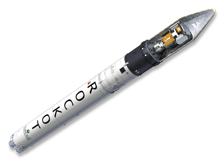 Rockot-Startrakete SMOS wird mit einer Rockot-Rakete ins All geschossen. Der Satellit befindet sich im oberen Raketenmodul. Darunter liegt der zweite Satellit, Proba-2, der gemeinsam mit SMOS gestartet wird.