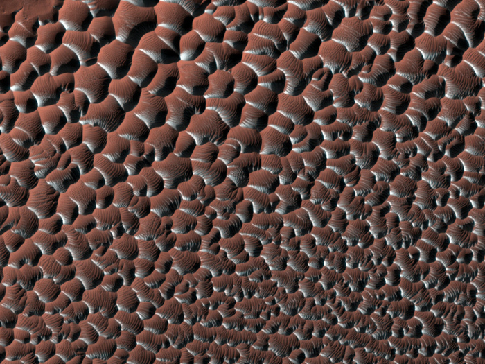 Wie mit Milchschaum überzogen erscheinen diese Dünen in der südlichen Hemisphere des Mars. In Wirklichkeit sind die nach Süden gerichteten Bögen der Dünen mit einer leichten Eisschicht überzogen.
