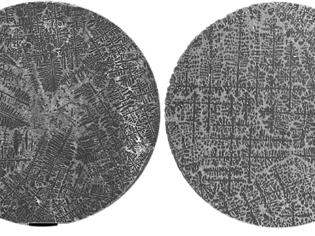 Links im Bild: Querschnitt durch eine AlSiFe Probe, wie sie auf der Erde mit der zusätzlichen Wirkung eines rotierenden Magnetfeldes zum Durchmischen der Schmelze prozessiert wurde. In der mikroskopischen Aufnahme ist zu erkennen, dass die Probenmitte frei von dendritischen Strukturen ist. Dies ist eine der Wirkungen von Strömungen mit negativen Auswirkungen auf die mechanischen Eigenschaften. - Im Vergleich dazu der Querschnitt durch eine AlSiFe Probe, wie sie auf der Erde prozessiert wurde. In der mikroskopischen Aufnahme sind die tannenbaumartigen Strukturen zu erkennen.