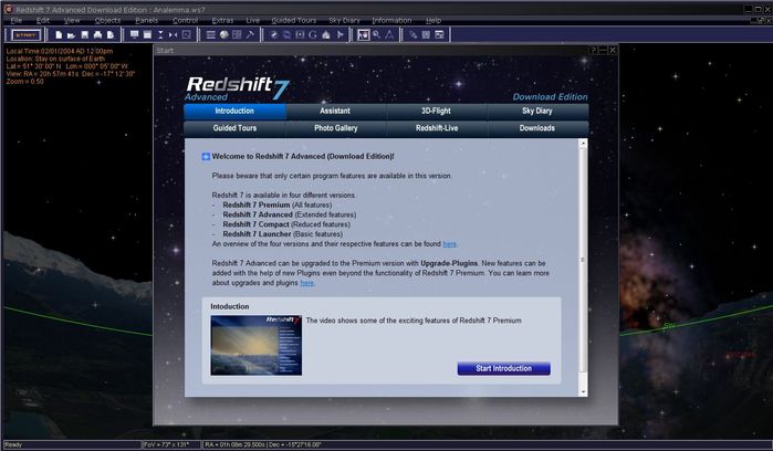 This is the start panel of Redshift 7 Advanced. It provides an introduction to Redshift and all its important features. Additionally there are many shortcuts to the content that comes with Redshift 7 Advanced. 