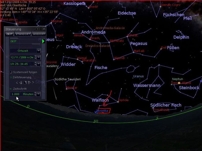Aufgang von Rosetta gegen 19:30 Uhr Ã¼ber dem SÃ¼dost-Horizont in den sÃ¼dlichen Gefilden des Sternbilds Walfisch.