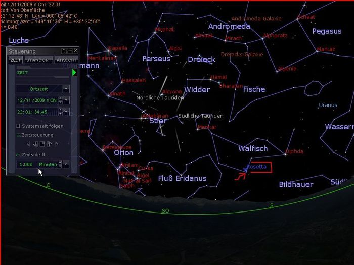 Gegen 22 Uhr steht das Raumfahrzeug ziemlich genau etwas oberhalb von Ypsilon Ceti.
