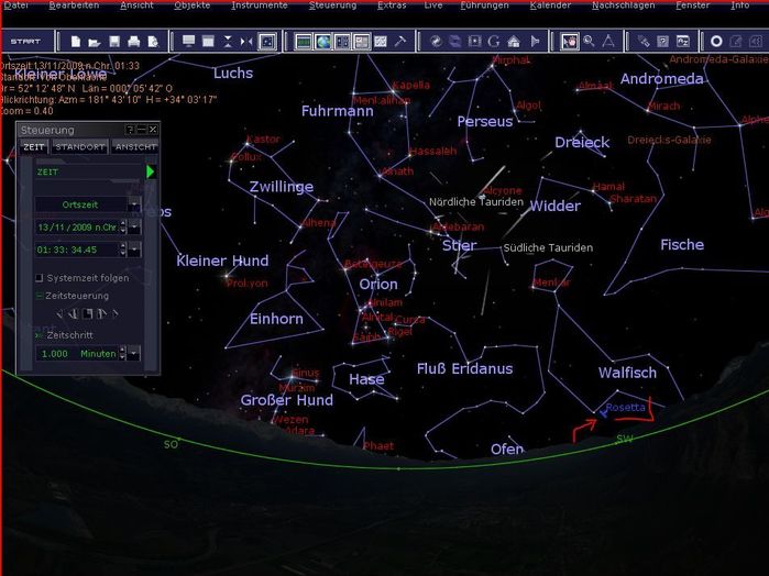 Die letzte MÃ¶glichkeit, Rosetta vor ihrem Vorbeiflug zu erhaschen, wir dann gegen 01:30 Uhr am 13. November mit dem Untergang der Sonde am SÃ¼dwest-Horizont enden.