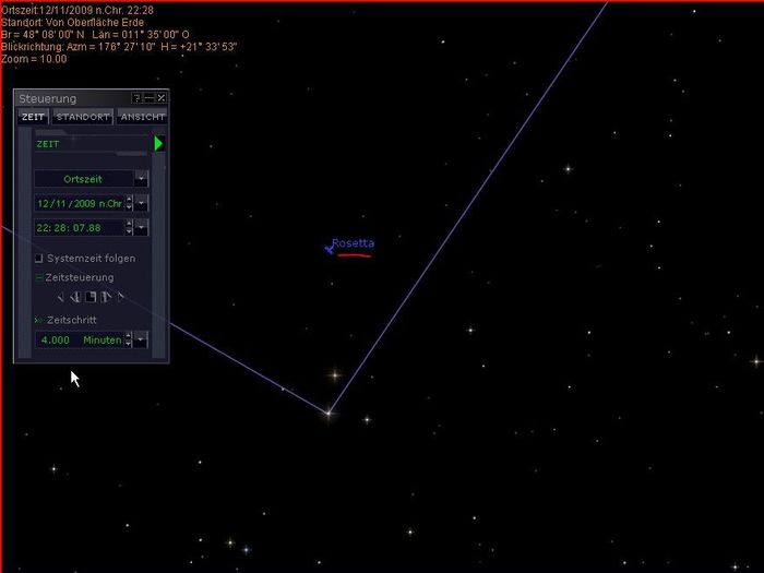 Detail des Rosettavorbeiflugs: Gegen 22:30 Uhr steht die Kometensonde etwa ein Grad oberhalb von Ypsilon Ceti.