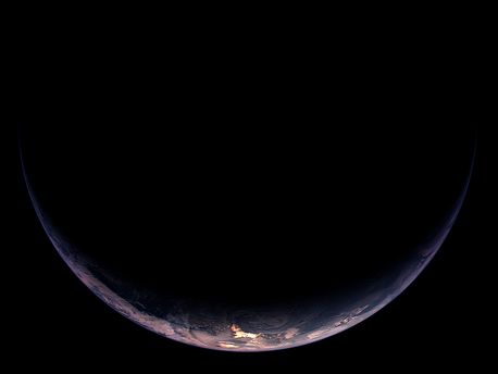 Noch ein wunderschönes Bild der teilbeleuchteten Erde (Südamerika und Teile der Antarktis) vor dem Flyby. Der Abstand von Rosetta bei dieser Aufnahme betrug 350 000 Kilometer, die Auflösung 6,5 km/pixel.