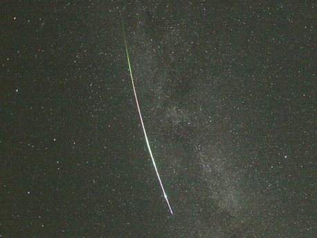 A bright meteor, observed on August 13, 2007 from the geodetic observatory at Wettzell, in Bavaria. As part of the 'European Fireball Network' every night, 25 automatic camera stations scan the skies above Central Europe and, when visibility is good, record all meteors.
