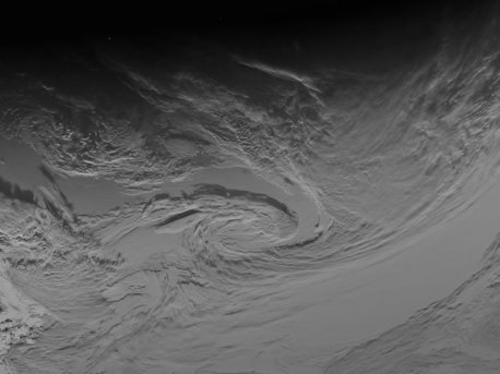 Wolken eines Antizyklons über dem Südpazifik, den Rosetta bei Ihrem Vorbeiflug ablichtete.