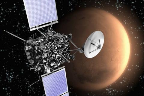 Die Raumsonde Rosetta in einer Zeichnung beim Vorbeiflug am Mars