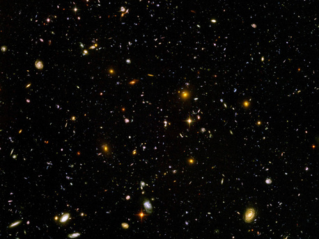 The HUDF is composed of 800 individual frames, acquired by the Hubble Space Telescope between September 3, 2003 and January 16, 2004. It shows the most distant structures and gives the deepest view of the visible universe that has so far been obtained.
