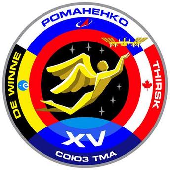 Parche de la tripulación que fue usada por el cosmonauta ruso Roman Romanenko, astronauta de la ESA Frank De Winne y astronauta de la Agencia Espacial Canadiense Robert Thirsk para su vuelo a la Estación Espacial Internacional con la nave espacial Soyuz TMA-15. 