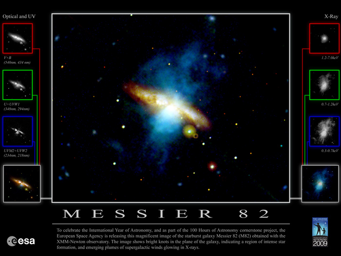 La imagen muestra nudos brillantes en el plano de la galaxia, lo que indica una región de intensa formación estelar.