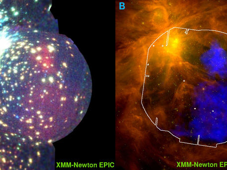 El panel izquierdo muestra la imagen obtenida con datos de XMM-Newton de sus Europea Photon Imaging Camera (EPIC) en rayos-X.
El panel derecho muestra los datos del XMM-Newton, frente a las observaciones de Spitzer de la misma región. La imagen de Spitzer es una imagen compuesta de los datos obtenidos en el infrarrojo.
La nebulosa de Orión es la estrella más densa región de formación de la Tierra que contiene estrellas mucho más masivas que el sol. 