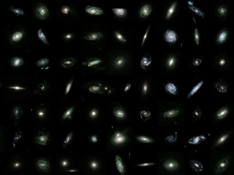 Galaxienevolution Dieses Bild zeigt ein Mosaik aus 80 hellen Galaxien, die in dem GEMS-Feld (Galaxy Evolution from Morphology and Spectral Energy Distributions) vorkommen. Deutlich erkennbar ist die Vielfalt der Formen, Größen und Strukturen.