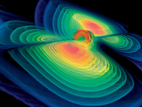 Gravitationswellen Computersimulation von zwei miteinander verschmelzenden Schwarzen Löchern.Die farbigen zwiebelartigen Strukturen zeigen die sich entfernenden Gravitationswellen. Die schalenförmigen scheinbaren Horizonte der Schwarzen Löcher im Mittelpunkt der Grafik sind dunkelrot gekennzeichnet.