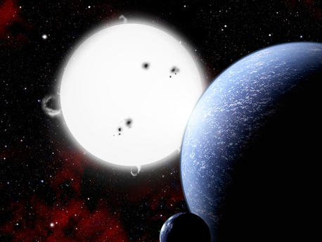 In this artist's conception, a hypothetical alien world and its moon orbit a hot, massive, type B star. Due to the short lifetime of such a star, complex life is unlikely to be found there. Although not good targets in the hunt for extraterrestrials, such planetary systems help give us a better understanding of planet formation.
