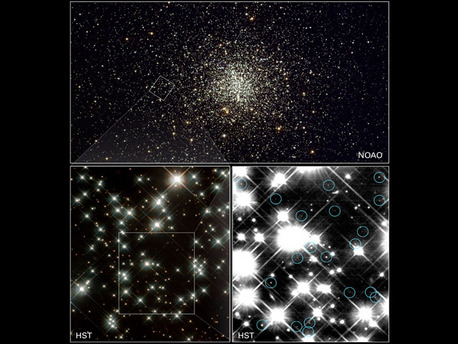 White Dwarf Stars In Globular Cluster M4 The upper photograph shows the entire globular cluster, which contains several hundred thousand stars. The two lower photographs each show an enlargement of the extract marked. The weak light spots circled in blue are white dwarfs. They are between 12 and 13 billion years old and are probably some of the oldest stars in the Universe.