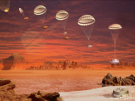 Esta imagen es la impresión artistica de la secuencia de aterrizaje seguido de la sonda Huygens de la ESA, que aterrizó en Titán. El evento fue la culminación de un 22 años de proceso de planificación, organización y cooperación entre la ESA y la NASA.
