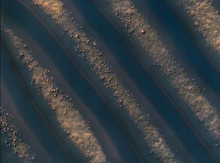 Dunes of sand-sized materials have been trapped on the floors of many Martian craters. This is one example, from a crater in Noachis Terra, west of the giant Hellas impact basin.