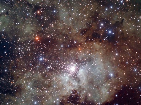 NGC 3603 und das umgebende Sternentstehungsgebiet Das neu veröffentlichte Bild von NGC 3603 wurde mit dem FORS-Instrument am VLT auf dem Cerro Paranal in Chile aufgenommen. Es zeigt den Sternhaufen samt seiner Umgebung, und macht insbesondere die Details der strukturreichen Gas- und Staubwolken sichtbar.