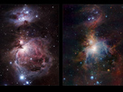 The left-hand panel shows the Orion Nebula in visible light. Most of the light from the spectacular clouds comes from hydrogen gas glowing under the fierce ultraviolet glare from the central hot young stars. The region above the center is clearly obscured by dust clouds. On the right the VISTA infrared view is shown. By observing infrared light many new features appear, including large numbers of young stars close to the center and many curious red objects, associated with young stars and their outflows, in the region above the center.