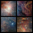 On the upper-left, the central region of VISTA’s view of the Orion Nebula is shown, centered on the four dazzling stars of the Trapezium. A rich cluster of young stars can be seen here that is invisible in normal, visible light images. In the lower-right panel the part of the nebula to the north of the center is shown. Here there are many young stars embedded in the dust clouds that are only apparent because their infrared glow can penetrate the dust and be detected by the VISTA camera. Many outflows, jets and other interactions from young stars are apparent, seen in the infrared glow from molecular hydrogen and showing up as red blobs. On the upper-right, a region to the west of center is shown. Here the fierce ultraviolet light from the Trapezium is sculpting the gas clouds into curious wavy shapes. A distant edge-on spiral galaxy is also seen shining right through the nebula. At the lower-left a region south of the center is shown. Each extract covers a region of sky about nine arcminutes across.