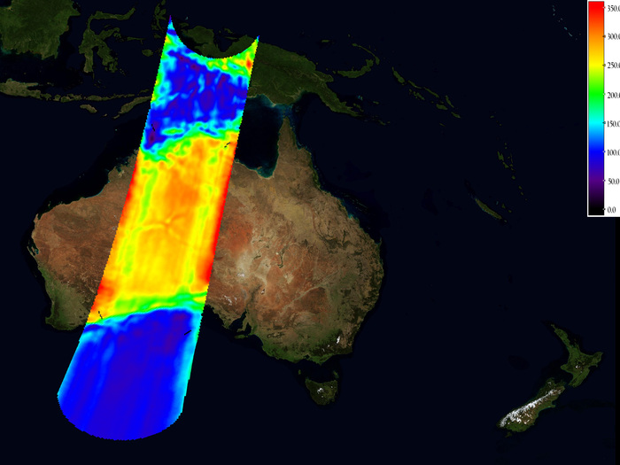 Imagen sin calibrar, capturado por SMOS, de la temperatura de brillo sobre Australia.