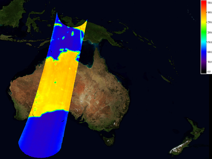 Imagen calibrada de Australia Una imagen calibrada de la temperatura de brillo sobre Australia. En comparación con la imagen sin calibrar, el "ruido" en el producto se ha reducido de modo que las líneas de costa y las características físicas del paisaje son mucho más nítida.