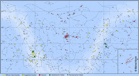 Alle 110 Messier-Objekte auf einen Blick. Sie sind recht ungleichmäßig verteilt: Im Frühjahr häufen sich die Galaxien (rot) im zentralen Kartenbereich in der Jungfrau und im Haar der Berenike (siehe Kartenausschnitt) sowie im Bereich des Großen Bären. Die offenen und kugelförmigen Sternhaufen (gelb) dominieren im linken Kartenteil dicht gedrängt am Sommer- himmel von Skorpion über Schütze und Schlangenträger bis zum Schwan. Im Herbst und Winter (rechter Kartenteil) sind alle Objektgruppen gleichmäßiger verteilt. Die Nebel sind in grüner Farbe dargestellt.