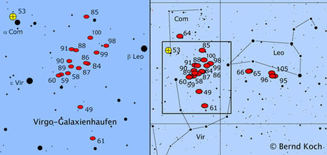 16 Messier-Galaxien auf engstem Raum: M 49, M 58, M 59, M 60, M 61, M 84, M 85, M 86, M 87, M 88, M 89, M 90, M 91, M 98, M 99 und M 100. M 90 bzw. M 98 sind möglicherweise keine Haufenmitglieder sondern nur vorgelagert.