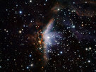 This image of the Gum 19 star-forming region was obtained with SOFI, an infrared instrument mounted on ESO’s New Technology Telescope (NTT) that operates at the La Silla Observatory in Chile. Gum 19 is located in the direction of the constellation Vela (the Sail) at a distance of approximately 22 000 light years. The furnace that fuels Gum 19’s luminosity is a gigantic, superhot star called V391 Velorum. Shining brightest in the scorching blue range of visible light — V391 Velorum boasts a surface temperature in the vicinity of 30 000 degrees Celsius. Within the neighbourhood of this fitful supergiant, new stars nonetheless continue to grow. In several million years — a blink of an eye in cosmic time — they will eventually reach the high density at their centres necessary to ignite nuclear fusion. The fresh outpouring of energy and stellar winds from these newborn stars will also modify the gaseous landscape of Gum 19.

The image is based on data obtained in three near-infrared bands (J, H, K; associated respectively to blue, green, and red). The image is 4.7 arcminutes across.