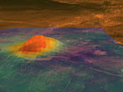 This figure shows the volcanic peak Idunn Mons (at 46°S, 214.5°E) in the Imdr Regio area of Venus. The topography derives from data obtained by NASA’s Magellan spacecraft, with a vertical exageration of 30 times. The coloured overlay shows the heat patterns derived from surface brightness data collected by the visible and infrared thermal imaging spectrometer (VIRTIS) aboard ESA’s Venus Express spacecraft. The brightness signals the composition of the minerals that have been changed due to lava flow. Red-orange is the warmest area and purple is the coolest. The warmest area is situated on the summit, which stands about 2.5 km above the plains, and on the bright flows that originate there. Idunn Mons has a diameter of about 200 km. 