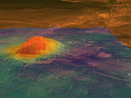Die Abbildung zeigt den Vulkan Idunn Mons auf der Venus. Basis für die Darstellung des Höhenzugs sind Daten der NASA-Sonde Magellan - veranschaulicht in einer 30-fachen Überhöhung. In hellem Braun dargestellte Bereiche sind uneben oder haben steile Flanken, dunkel gefärbte Gebiete sind gleichmäßig geformt. Die farbig gekennzeichneten Bereiche zeigen das Wärmemuster der Region und basieren auf den Daten des Spektrometers VITRIS auf der europäischen Sonde Venus Express. Die wärmsten Gebiete sind in rot-orange, die kühlsten in leichtem Violett dargestellt. Die höchsten Temperaturen wurden am Berggipfel, der sich 2,5 Kilometer über die Ebene erhebt, und an den von dort ausgehenden Lavaflüssen festgestellt.
