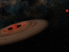 This is an artist's conception of the binary system 2M J044144 showing the primary brown dwarf that is estimated to be approximately 20 times the mass of Jupiter (at left) and its companion that is estimated to be 7 times the mass of Jupiter (at right). The disk of the primary likely never had enough material to make a companion of this mass. As a result, this small companion probably formed like a binary star. In this illustration, both objects are presented at the same distance to show relative sizes. Not shown are two other nearby objects, a low-mass star and a brown dwarf that are probably both parts of this system.