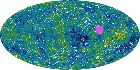 Galaxienhaufen und ihre Position Das Bild zeigt die WMAP-Daten und - weiß - die Positionen der vermessenen Galaxienhaufen, die sich alle in Richtung auf die pinkfarbene Ellipse (eine Region zwischen den Sternbildern Centaurus und Vela am Südhimmel) bewegen