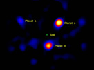 This image shows the light from three planets orbiting a star 120 light-years away. The planets' star, called HR8799, is located at the spot marked with an "X." This picture was taken using a small, 1.5-meter (4.9-foot) portion of the Palomar Observatory's Hale Telescope, north of San Diego, Calif. This is the first time a picture of planets beyond our solar system has been captured using a telescope with a modest-sized mirror -- previous images were taken using larger telescopes. The three planets, called HR8799b, c and d, are thought to be gas giants like Jupiter, but more massive. They orbit their host star at roughly 24, 38 and 68 times the distance between our Earth and sun, respectively (Jupiter resides at about 5 times the Earth-sun distance).