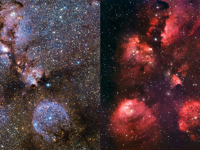 Comparación de imágenes infrarroja/visible de la Nebulosa Pata de Gato