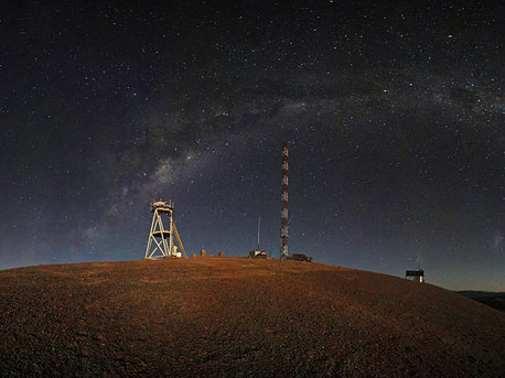 This night-time panorama shows Cerro Armazones in the Chilean desert, near ESO's Paranal Observatory, site of the Very Large Telescope (VLT). Cerro Armazones was chosen as the site for the planned European Extremely Large Telescope (E-ELT), which, with its 42-metre diameter mirror, will be the world’s biggest eye on the sky.