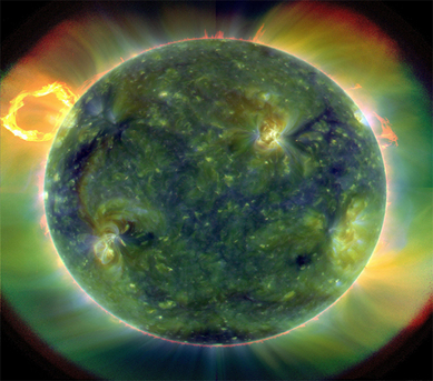 The Sun in false colours A full-disk multiwavelength extreme ultraviolet image of the sun taken by SDO on March 30, 2010. False colors trace different gas temperatures. Reds are relatively cool (about 60,000 Kelvin, or 107,540 F); blues and greens are hotter (greater than 1 million Kelvin, or 1,799,540 F).