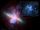 This composite image of the nearby starburst galaxy M82 shows Chandra X-ray Observatory data in blue, optical data from the Hubble Space Telescope in green and orange, and infrared data from the Spitzer Space Telescope in red.