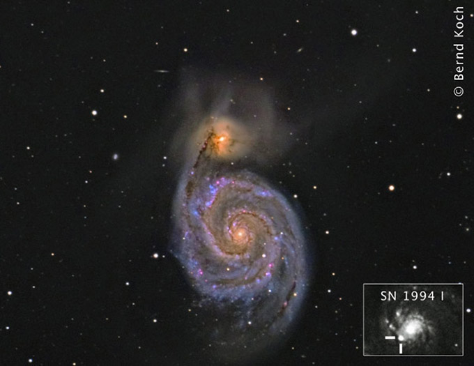 Meade-12’’-ACF-Teleskop und TS-2’’-Field-Flattener, Brennweite 2970 mm. Die Farbaufnahme wurde mit einer modifizierten Canon EOS 20D aufgenommen. Die Gesamtbelichtung betrug 115 min. am 12.3.2007. Für den Helligkeitskanal dieses Bildes, die Luminanz, wurde kürzlich die SBIG-STL-11000 eingesetzt. Gesamtbelichtung 15 x 600s am 5.4.2010. Ort: Sörth/Westerwald. Kleines Bild: Supernova SN 1994 I am 6.4.1994, aufgenommen auf hypersensibiliserten Schwarzweißfilm TP2415 mit einem Celestron-14. Fotos: Bernd Koch 