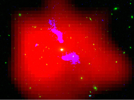 Falschfarbenaufnahme des Zentrums einer Galaxiengruppe im Röntgenbereich. Der Materiejet, der vom zentralen Schwarzen Loch ausgestoßen wird, ist durch seine Strahlung im Radiobereich (überlagert, blau-violett) deutlich zu erkennen.